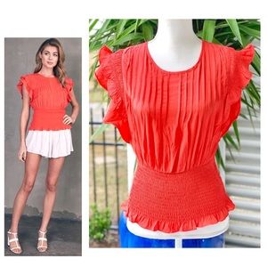 Deep Coral Ruffle Sleeve Top with Smocked Waist DO+BE